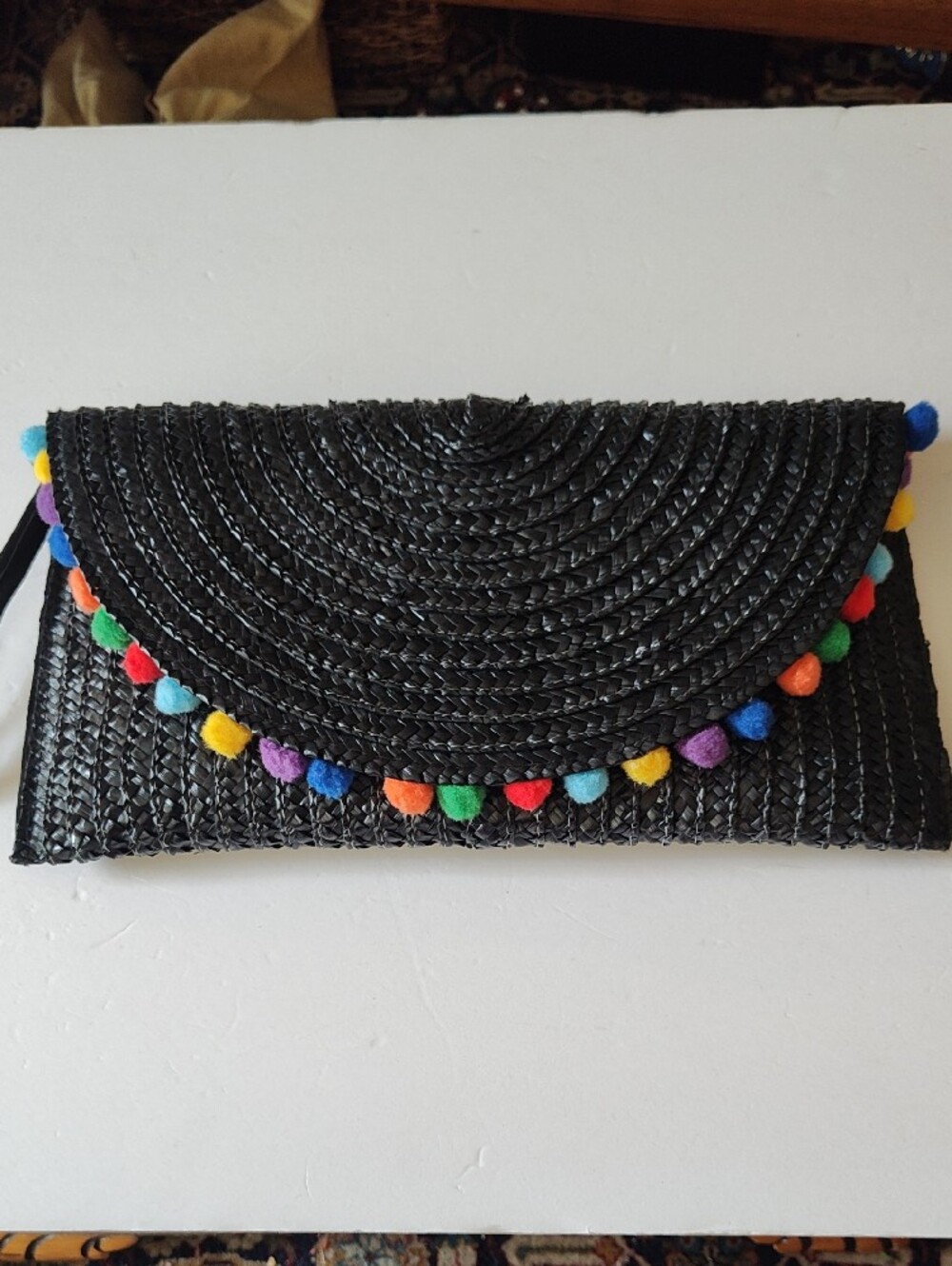 Black Straw Woven Multicolor Pom-Pom Clutch Purse - Picture 2 of 9
